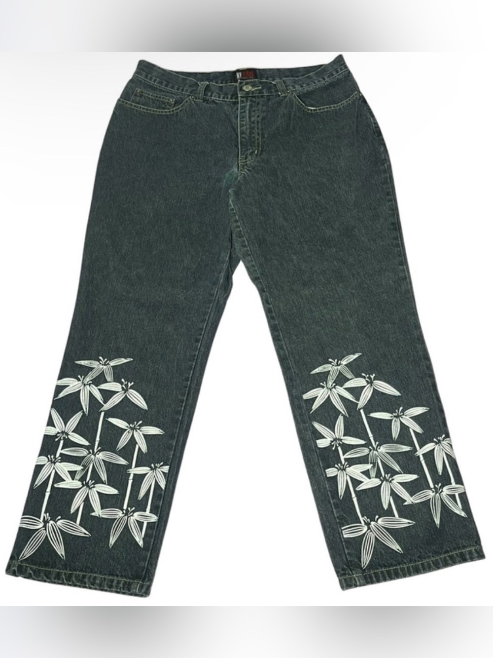 Vtg New York & Company 8 Cropped Denim Jeans 100% Cotton Painted Floral White